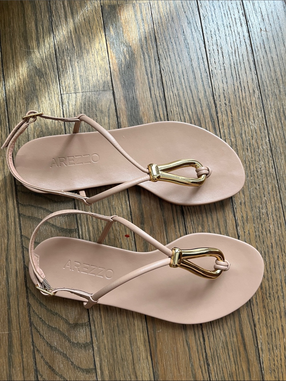 Women's Blush Pink T-Strap Sandals with Gold Accent